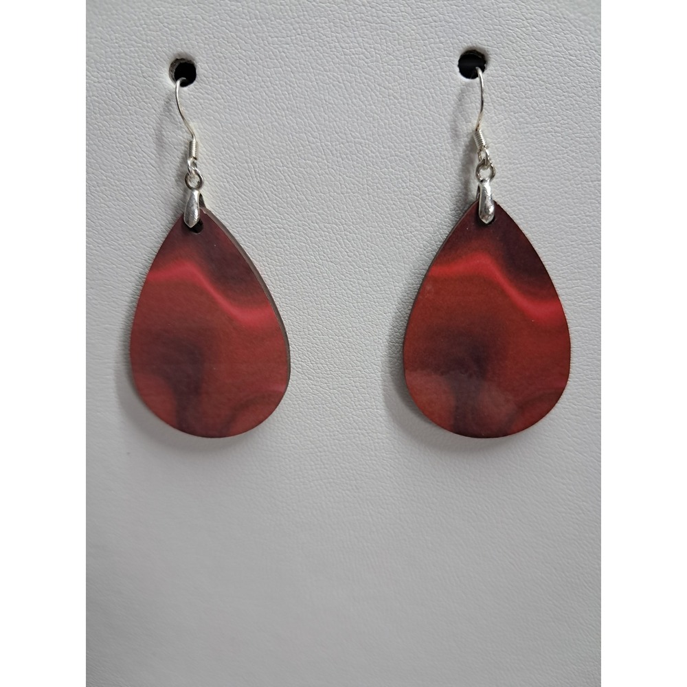 Red Black Marbled Teardrop Earrings Silver‎ Tone Fishhook Drop Dangle Jewelry